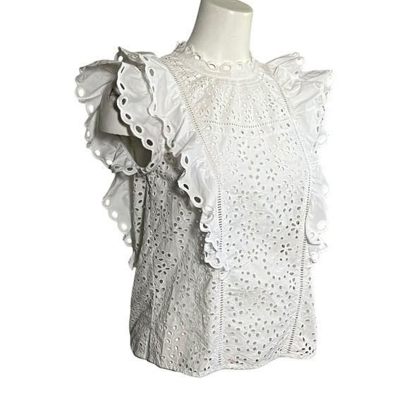 Veronica Beard Calisata Ruffled Eyelet-Embroidered Top White Cotton Size 2 - Picture 5 of 11